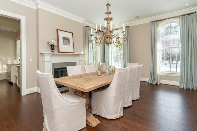 dining room with crown molding, plenty of natural light, and dark wood-type flooring