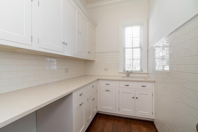 kitchen with crown molding, sink, white cabinets, tasteful backsplash, and dark hardwood / wood-style floors