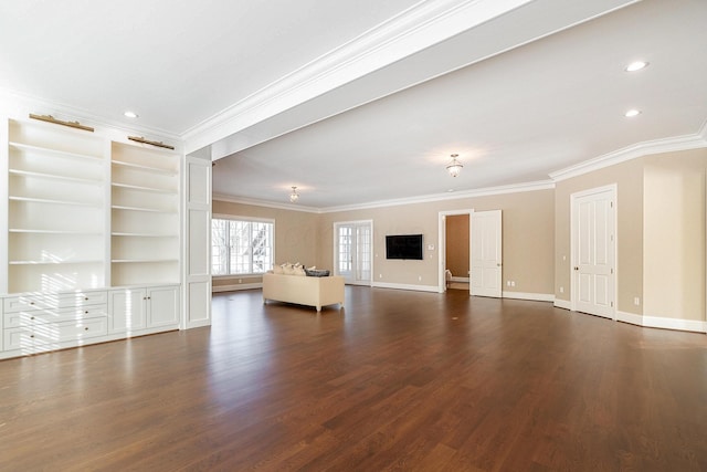 unfurnished living room with dark hardwood / wood-style floors and ornamental molding