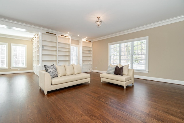 living room featuring dark hardwood / wood-style floors and crown molding