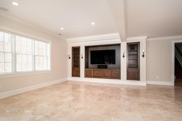 unfurnished living room featuring ornamental molding and beamed ceiling