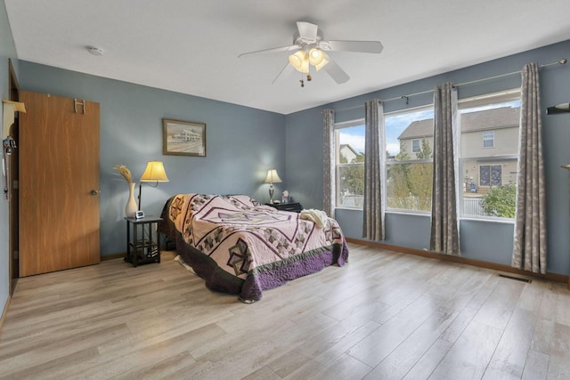 bedroom featuring ceiling fan and light hardwood / wood-style floors