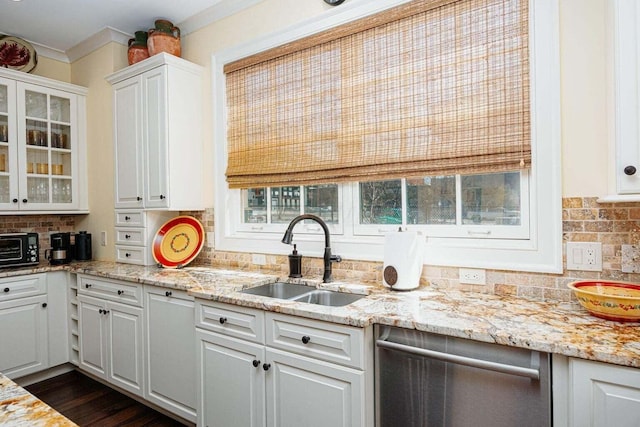 kitchen with decorative backsplash, dark wood-type flooring, sink, dishwasher, and white cabinetry