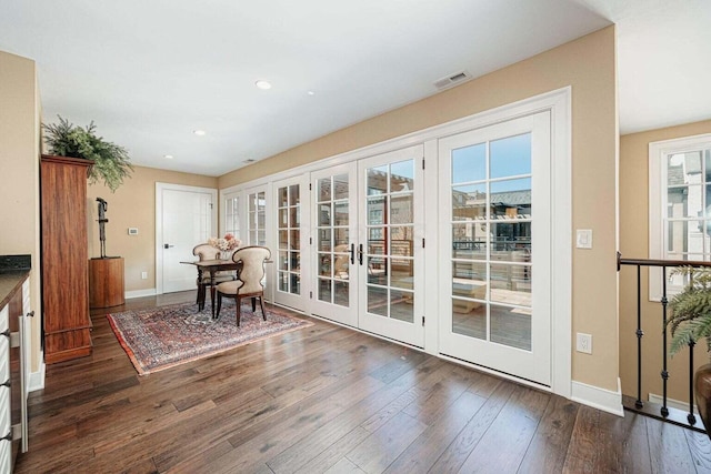 doorway featuring french doors, a healthy amount of sunlight, and dark hardwood / wood-style floors