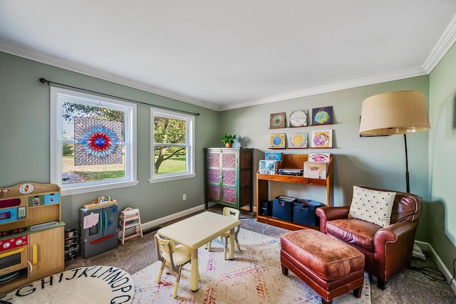 rec room with carpet flooring and crown molding