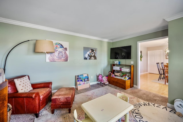 living room featuring crown molding and wood-type flooring