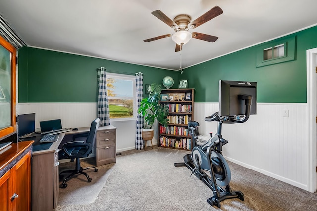 office space with ceiling fan and light colored carpet