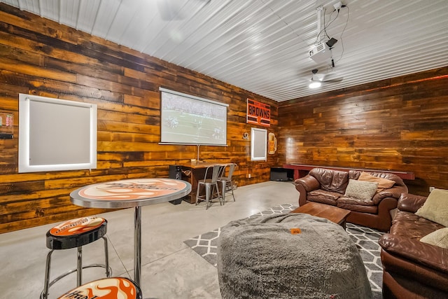 living room featuring wooden walls