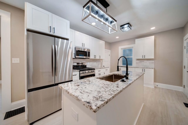 kitchen with appliances with stainless steel finishes, white cabinetry, a kitchen island with sink, and sink