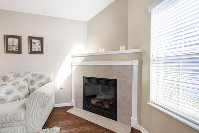 living room featuring dark wood-type flooring and a fireplace