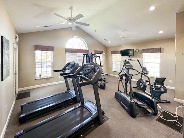 exercise area with vaulted ceiling, ceiling fan, and light colored carpet