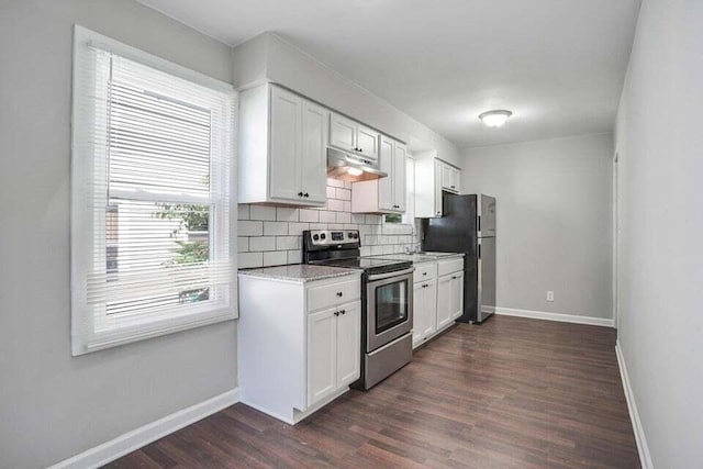 kitchen with dark hardwood / wood-style floors, stainless steel range with electric cooktop, backsplash, black refrigerator, and white cabinets