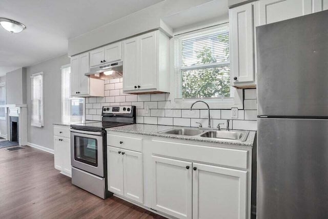 kitchen with white cabinetry, sink, dark hardwood / wood-style floors, backsplash, and appliances with stainless steel finishes