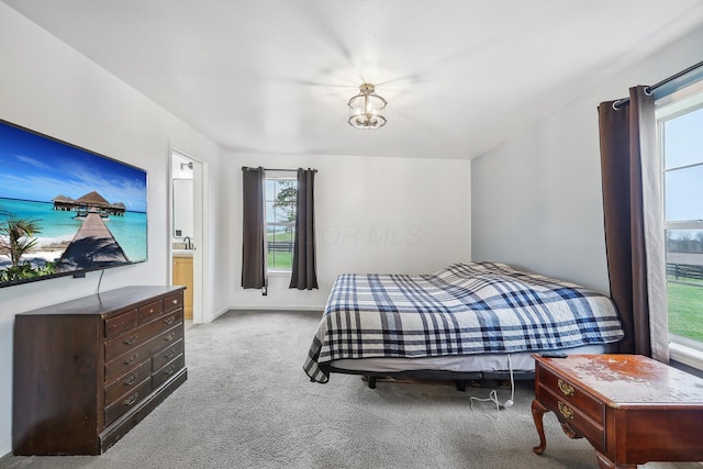 carpeted bedroom with connected bathroom and multiple windows