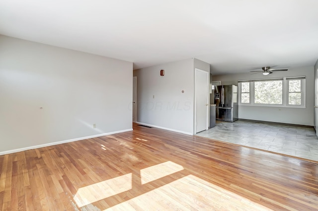 unfurnished living room with light hardwood / wood-style flooring and ceiling fan