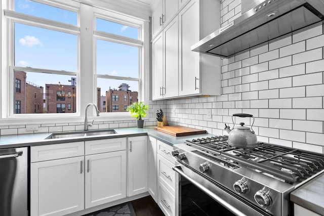 kitchen featuring sink, white cabinets, stainless steel appliances, and wall chimney range hood