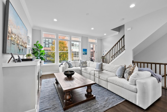 living room with ornamental molding and dark wood-type flooring