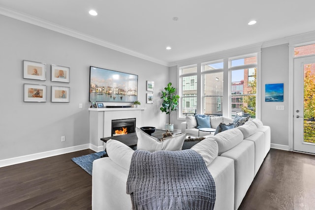 living room with dark hardwood / wood-style flooring and crown molding