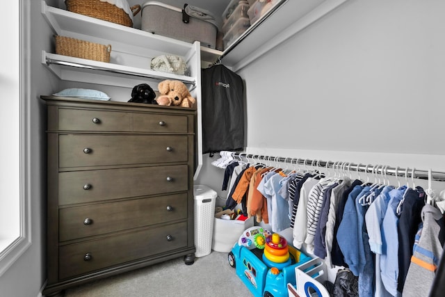 spacious closet featuring light carpet