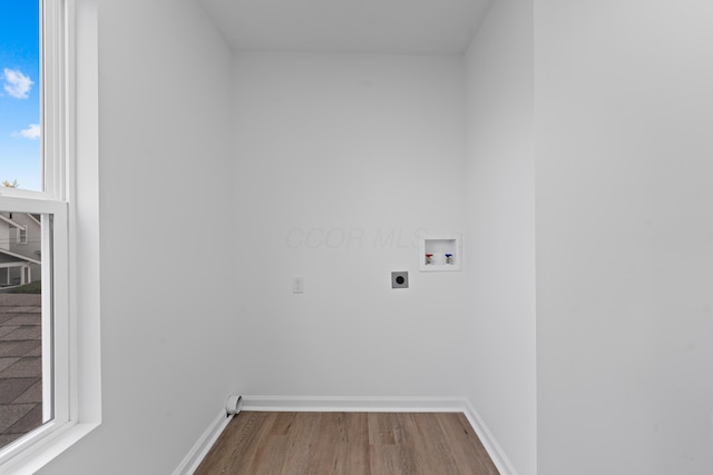 laundry area with washer hookup, wood-type flooring, and electric dryer hookup