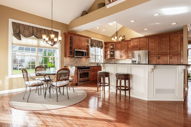 kitchen with stainless steel appliances, an inviting chandelier, and plenty of natural light