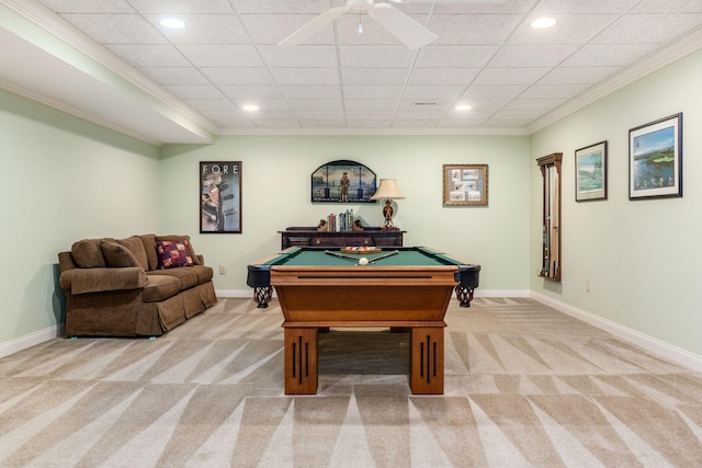 rec room with ceiling fan, ornamental molding, light carpet, and pool table