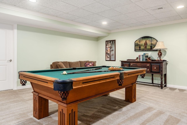 game room featuring carpet flooring, crown molding, and billiards