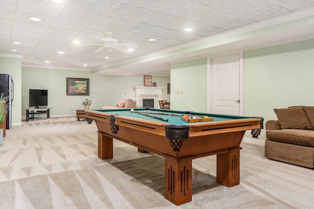 game room featuring ceiling fan, light colored carpet, ornamental molding, and pool table