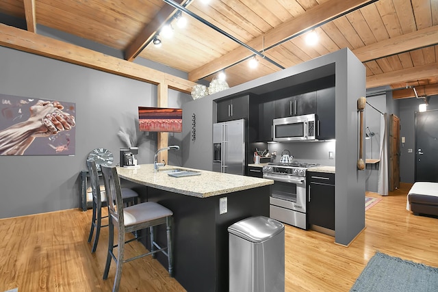 kitchen featuring appliances with stainless steel finishes, rail lighting, sink, beam ceiling, and a kitchen island