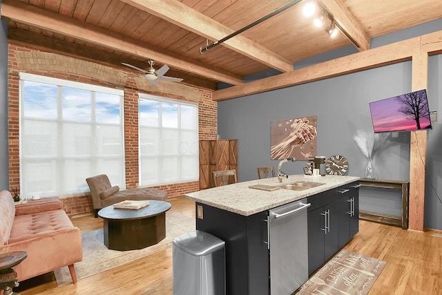 kitchen with brick wall, stainless steel dishwasher, a kitchen island with sink, and wood ceiling