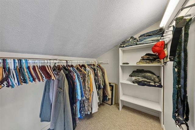 spacious closet with light colored carpet and lofted ceiling