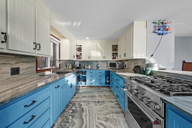 kitchen with white cabinets, decorative backsplash, blue cabinets, and appliances with stainless steel finishes