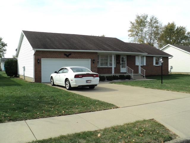 single story home with a front yard and a garage