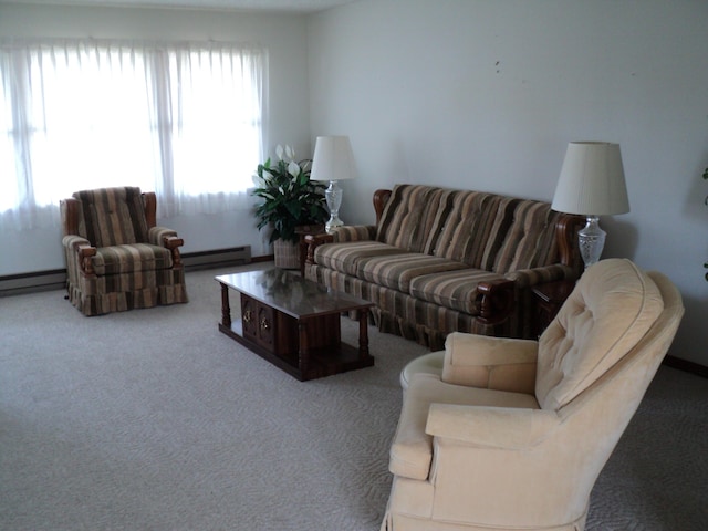 living room featuring carpet and baseboard heating