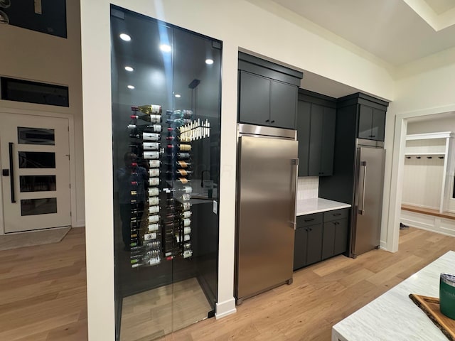 wine room featuring electric panel and light wood finished floors