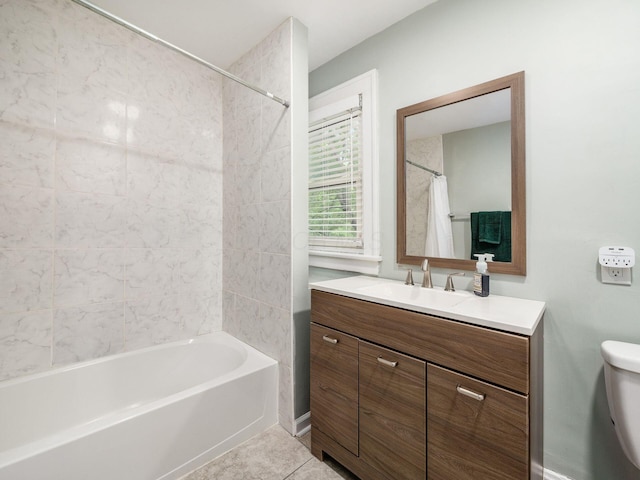 full bathroom with tile patterned flooring, vanity, shower / tub combo with curtain, and toilet