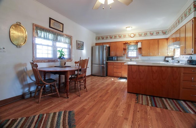 kitchen featuring appliances with stainless steel finishes, light wood-type flooring, ceiling fan, and sink