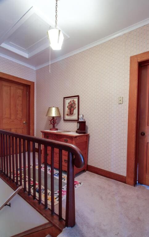 carpeted bedroom featuring ornamental molding