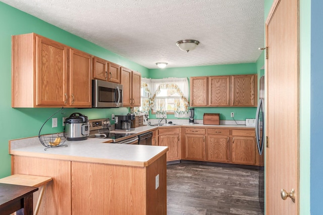 kitchen with sink, dark hardwood / wood-style flooring, kitchen peninsula, a textured ceiling, and appliances with stainless steel finishes