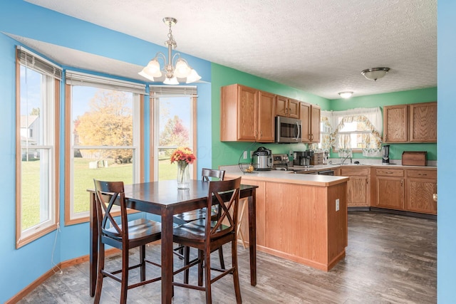 kitchen with kitchen peninsula, a wealth of natural light, dark hardwood / wood-style flooring, and hanging light fixtures