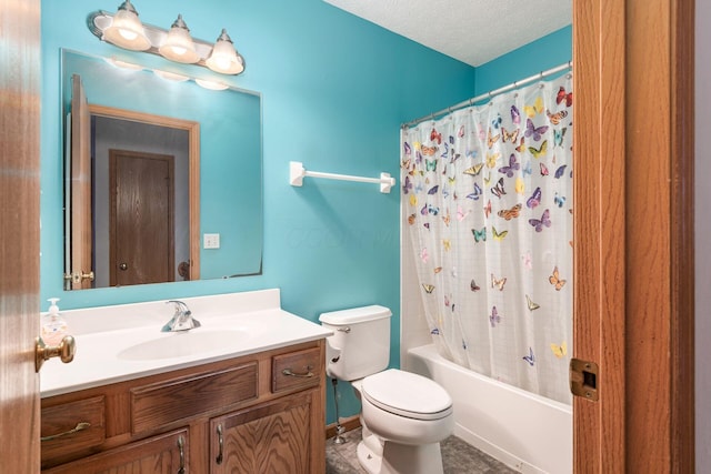 full bathroom with shower / tub combo, vanity, a textured ceiling, and toilet