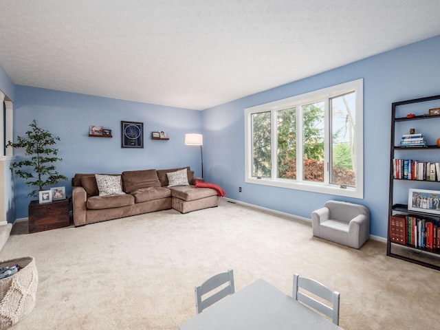 carpeted living room with a textured ceiling