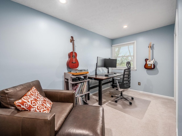 office space featuring carpet and a textured ceiling