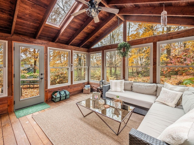 sunroom / solarium featuring wood ceiling, ceiling fan, and lofted ceiling with beams