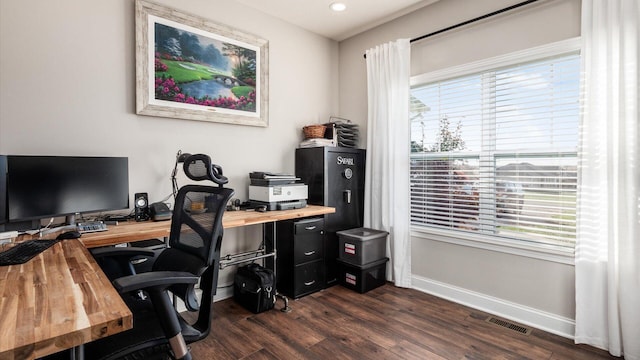 home office featuring dark hardwood / wood-style flooring and a wealth of natural light