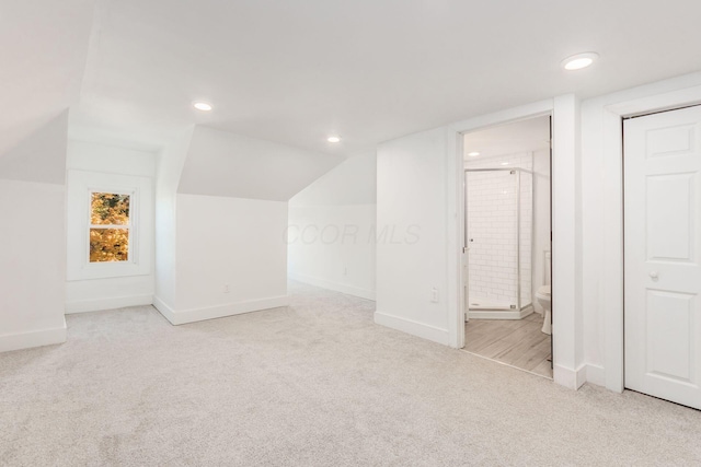 additional living space with light colored carpet and vaulted ceiling