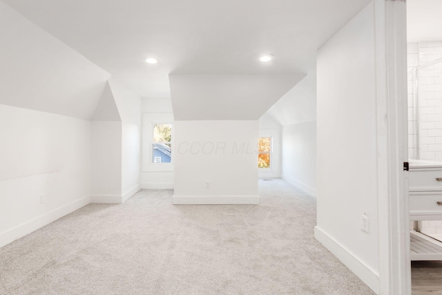 additional living space with light colored carpet and lofted ceiling