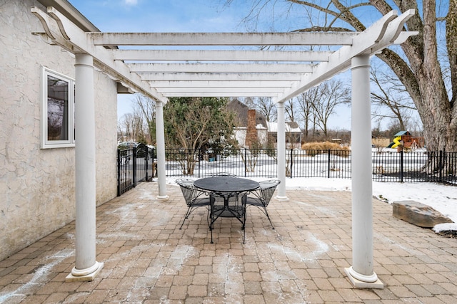 view of patio featuring a pergola and a playground