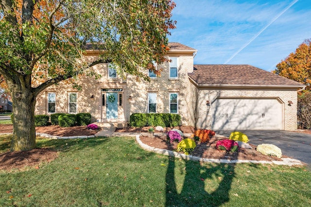 view of front of house with a front yard and a garage