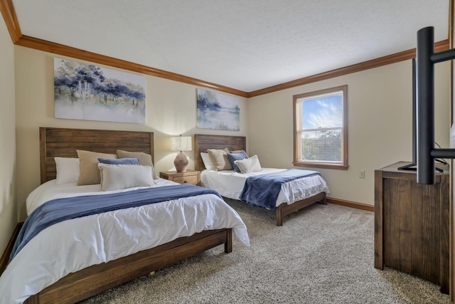 carpeted bedroom featuring crown molding and a textured ceiling